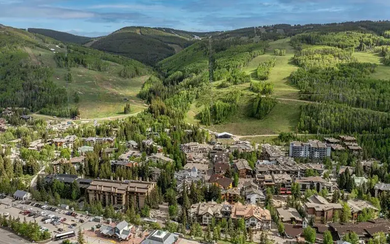 Aerial view of ski runs in Vail Village in summer, Eagle County, Colorado