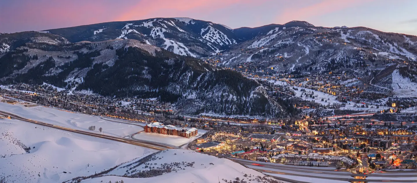 Winter evening view over Avon toward Beaver Creek with SKJÓL shown in the valley