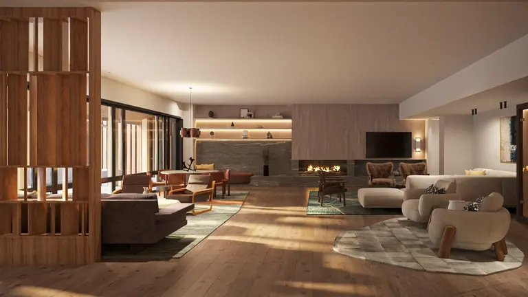 Club room with fireplace and lounge seating