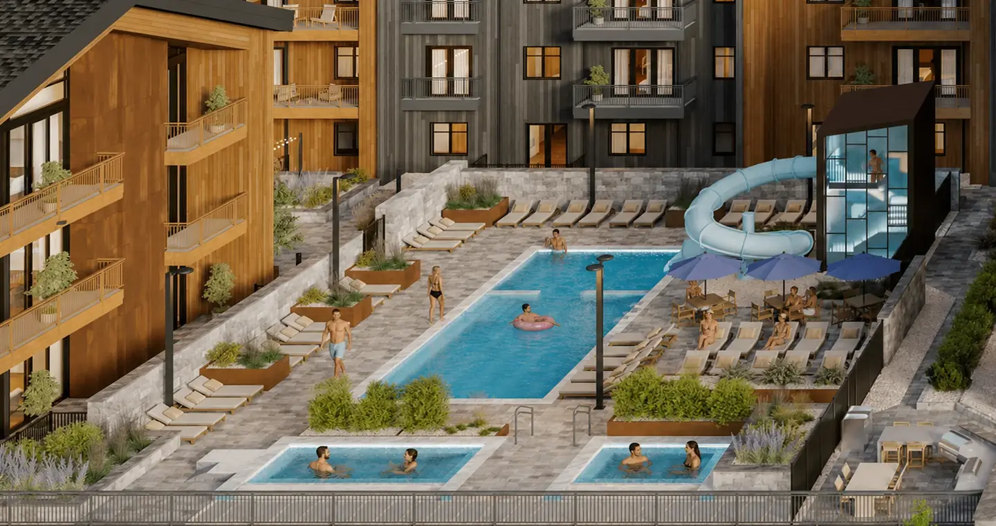 Heated pool, waterslide and spas on the SKJÓL amenities terrace
