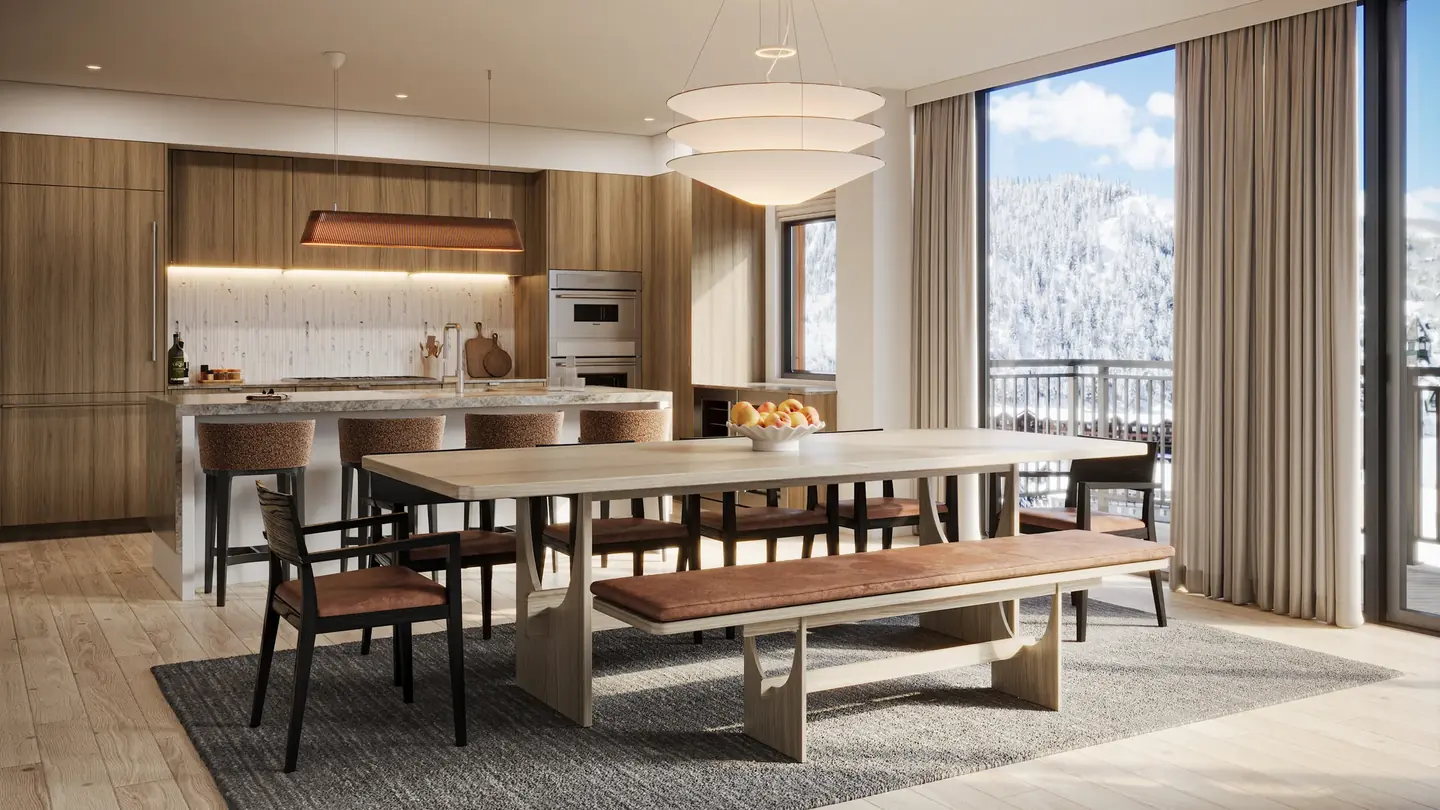 Kitchen and dining area of the two-bedroom example residence 609