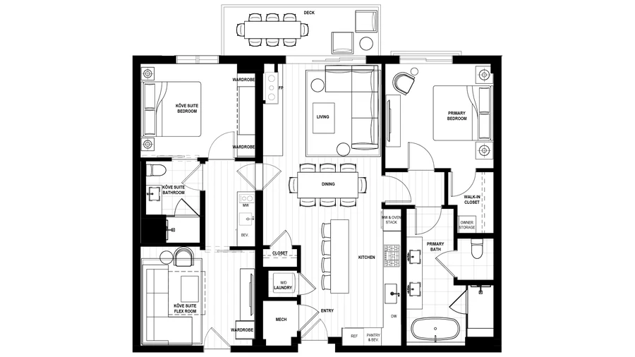 Plano de la residencia ejemplo 609, dos recámaras con KŌVE Flex Suite