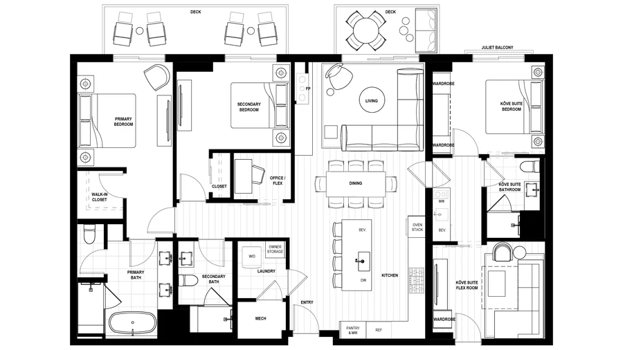 Floor plan of example residence 315, three bedrooms with office/flex and KŌVE Flex Suite
