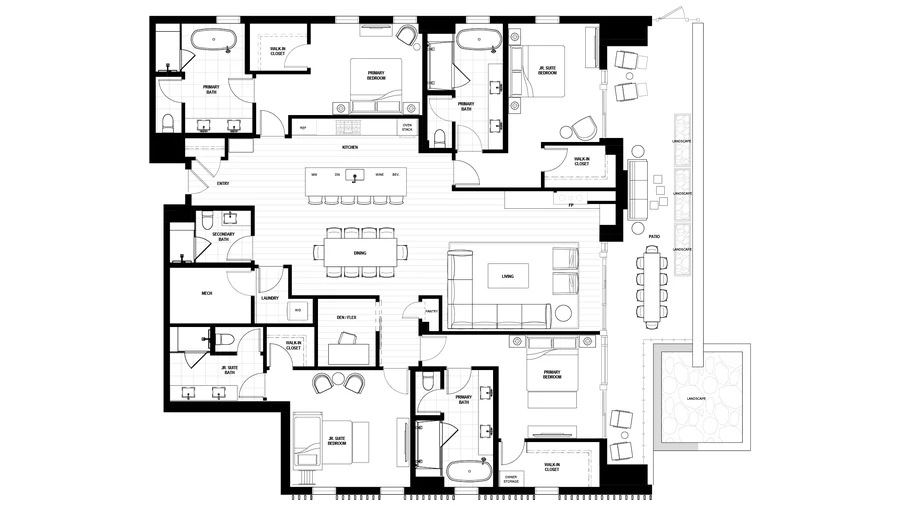 Floor plan of example residence 200, four bedrooms