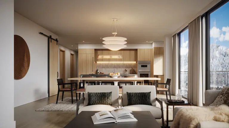 Open living, dining and kitchen in the Alpenglow design scheme