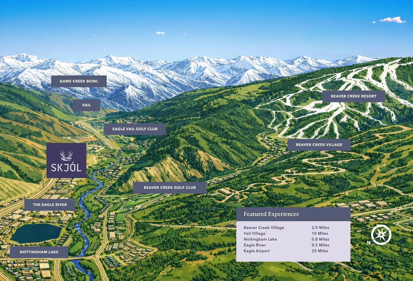 Illustrated map of the Vail Valley showing SKJÓL, Beaver Creek, Vail, the Eagle River and Nottingham Lake